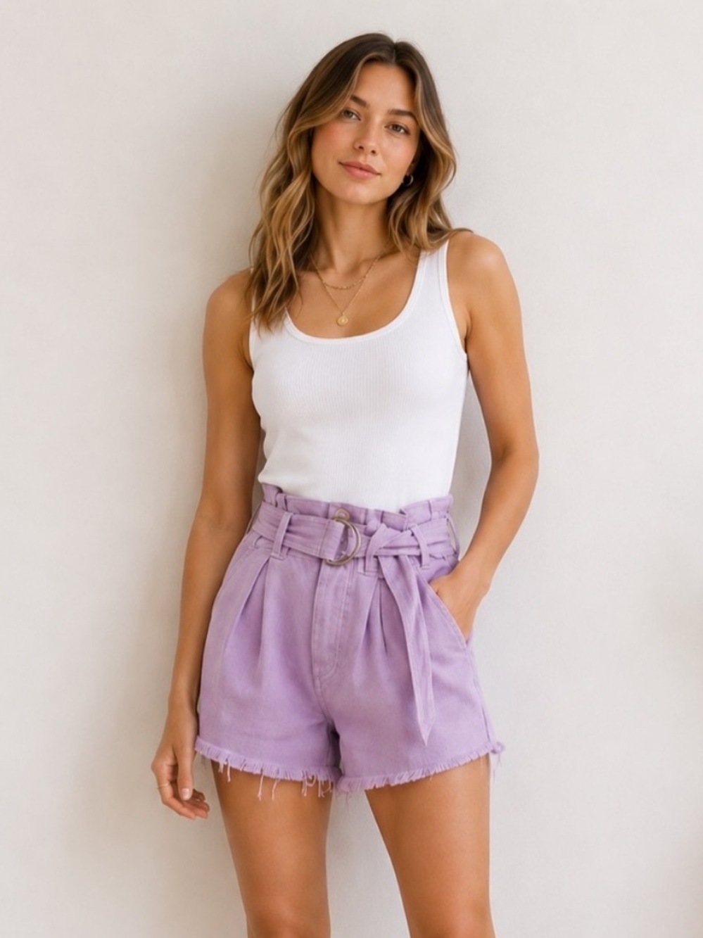 Free People See You Sometime High Waisted Belted Cut Off Shorts Lilac Purple XS